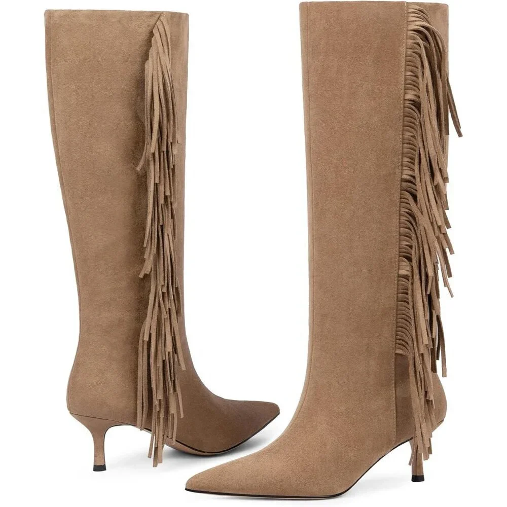 Women Suede Camel Knee High Boots Kitten Heels Tall Pointed Toe Long Boots
